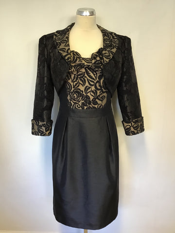 MICHEL AMBERS BLACK & GOLD JACQUARD FLORAL PRINT DRESS & BOLERO JACKET SIZE 12