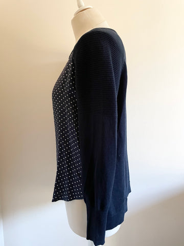 PURE COLLECTION NAVY BLUE & WHITE SPOT SILK FRONT JUMPER SIZE 14