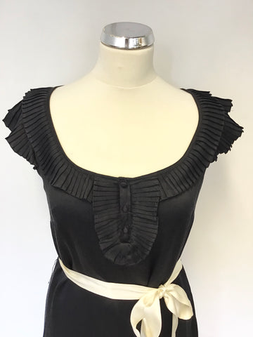 MONSOON BLACK SILK SCOOP NECKLINE WITH PLEATED TRIMS & IVORY TIE BELT DRESS SIZE 10