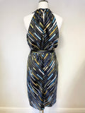 BRAND NEW JAEGER BLACK & MULTI COLOURED PRINT TIE BELT SLEEVELESS DRESS SIZE 16