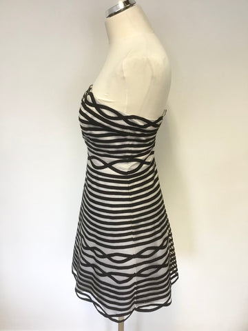 KAREN MILLEN BLACK & SILVER MESH OVERLAY STRAPLESS / STRAPPY FIT & FLARE SPECIAL OCCASION DRESS SIZE 10