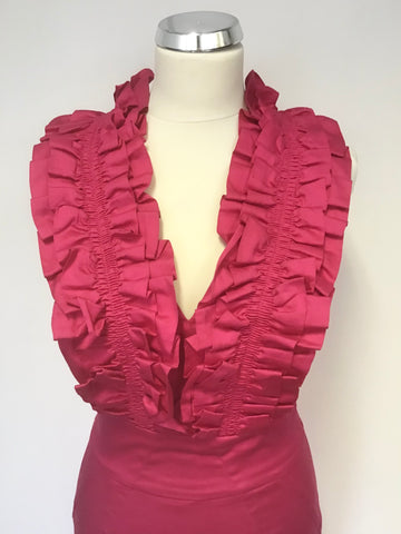 TED BAKER HOT PINK RUFFLE TRIM V NECK SLEEVELESS PENCIL DRESS SIZE 1 UK 8/10