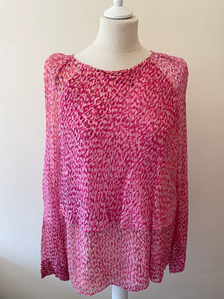 LK BENNETT MADISON PINK PRINT SILK LAYERED LONG SLEEVE TOP SIZE 18