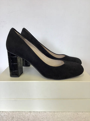 CLARKS BLACK SUEDE & CROC PRINT BLOCK HEELS SIZE 6/39.5