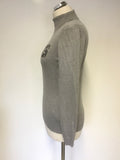 GUESS GREY POLO NECK SEQUIN LOGO TRIM LONG SLEEVE JUMPER SIZE S