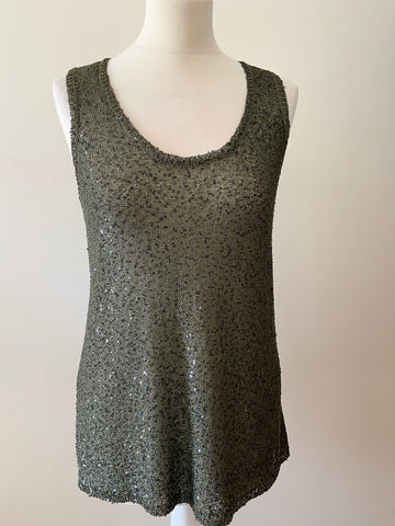 JIGSAW OLIVE GREEN SEQUINNED TRIM SLEEVELESS FINE KNIT TOP SIZE M