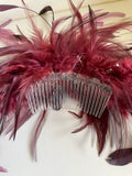 TAILOR MADE PLUM FEATHER & GLASS BEAD TRIM FASCINATOR ON COMB