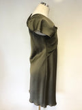 MAX MARA KHAKI SATIN TWIST & DRAPED NECKLINE SHIFT DRESS SIZE 10