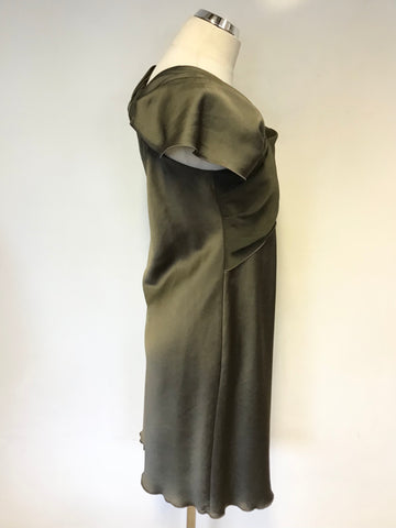 MAX MARA KHAKI SATIN TWIST & DRAPED NECKLINE SHIFT DRESS SIZE 10