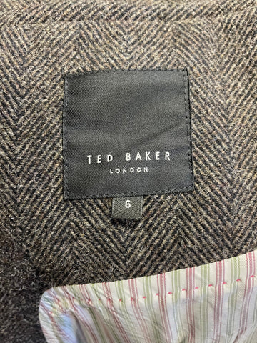 TED BAKER GREY HERRINGBONE WOOL BLEND OVERCOAT SIZE 6 UK XL