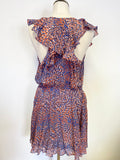 WHISTLES BLUE & ORANGE PRINT SILK FRILL TRIM DRESS SIZE 14