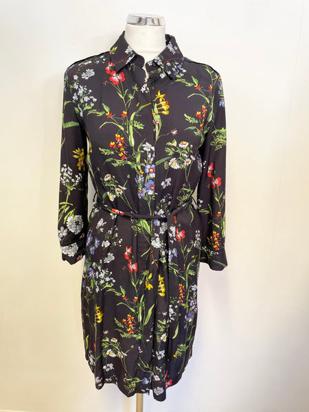 HOBBS NAVY BLUE FLORAL PRINT 3/4 SLEEVE BELTED SHIRT DRESS SIZE 8