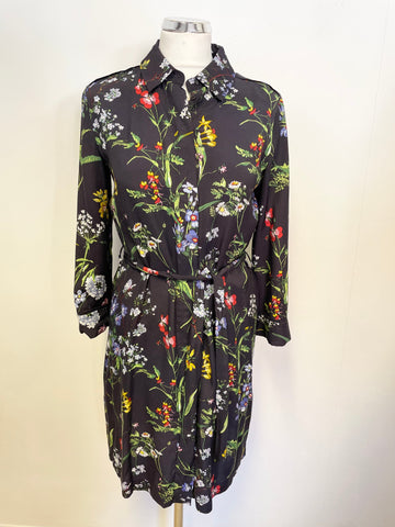 HOBBS NAVY BLUE FLORAL PRINT 3/4 SLEEVE BELTED SHIRT DRESS SIZE 8