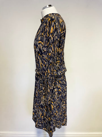 REISS LILIA NAVY BLUE & ORANGE FEATHER PRINT LONG SLEEVE FIT & FLARE DRESS SIZE 14