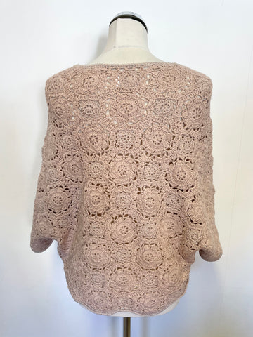 QVEEN LONDON NUDE PINK & SILVER METALLIC THREAD WOOL BLEND CROCHET PONCHO ONE SIZE