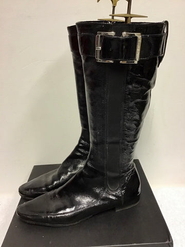 KAREN MILLEN BLACK PATENT LEATHER BUCKLE TRIM FLAT BOOTS SIZE 7/40
