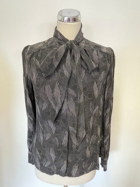 TED BAKER BLACK & WHITE PRINT SILK TIE NECK LONG SLEEVE BLOUSE SIZE 2 UK 10/12