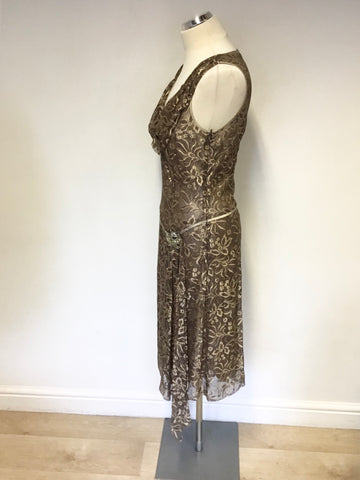 PHASE EIGHT BRONZE & GOLD LACE BEADED TRIM SPECIAL OCCASION DRESS SIZE 10