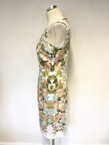 HOBBS WHITE & PALE PINK FLORAL PRINT PENCIL DRESS & MATCHING BOLERO CARDIGAN SIZE 10