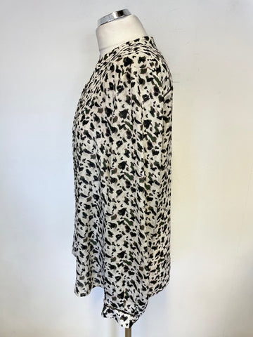 REISS BELVA IVORY GREEN, BLACK PRINT V NECK LONG SLEEVED BLOUSE SIZE 14