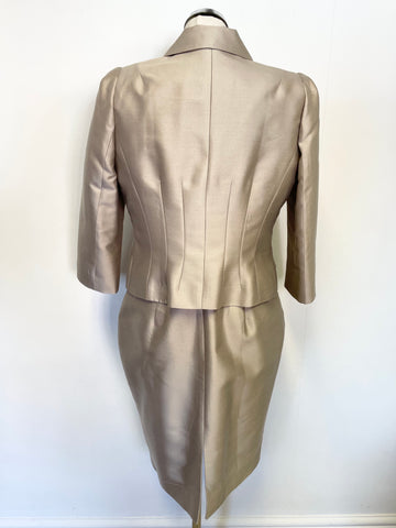 HOBBS INVITATION OYSTER BEIGE WITH WHITE CROCHET LACE TRIM PENCIL DRESS & JACKET SUIT SIZE 14