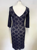GINA BACCONI NAVY LACE OVER CREAM 3/4 LENGTH SLEEVE PENCIL DRESS SIZE 10