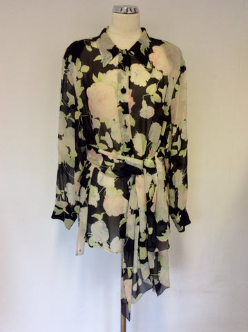 MARINA RINALDI BLACK & FLORAL PRINT SILK BLOUSE & MATCHING SCARF SIZE 20