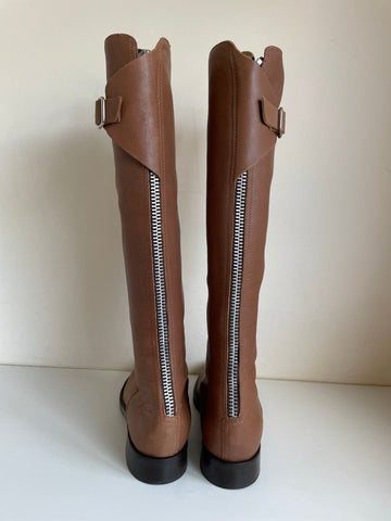 HOBBS TAN LEATHER REAR ZIP BUCKLE TRIM FLAT BOOTS SIZE 5/38