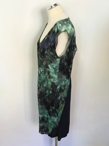 REISS BLACK & GREEN PRINT SILK FRONT OVERLAY SLEEVELESS PENCIL DRESS SIZE 14