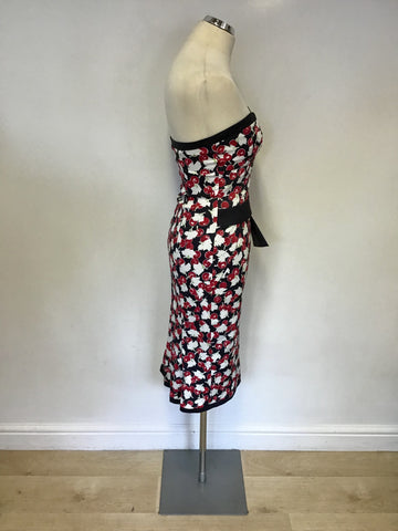 KAREN MILLEN BLACK,RED & WHITE CHERRY PRINT STRAPLESS DRESS SIZE 8/10