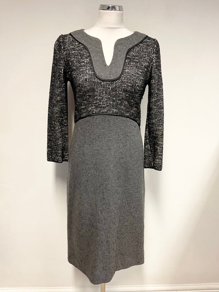 JAEGER GREY WITH BLACK TWEED DETAIL 3/4 SLEEVE SHIFT DRESS SIZE 8