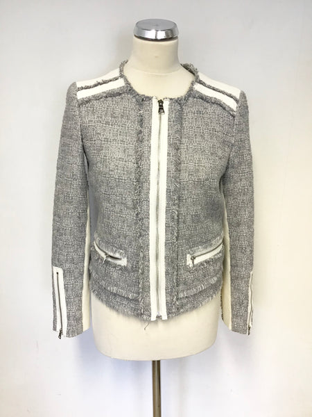 REBECCA TAYLOR GREY WEAVE & WHITE LEATHER TRIM ZIP JACKET SIZE 4 UK 8/10