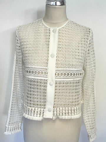 BRAND NEW WHISTLES WHITE LACE COLLARLESS LONG SLEEVE TOP/ JACKET SIZE 10