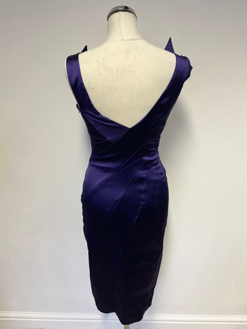 KAREN MILLEN PURPLE SATIN PLEATED DETAIL NECKLINE SPECIAL OCCASION PENCIL DRESS SIZE 10