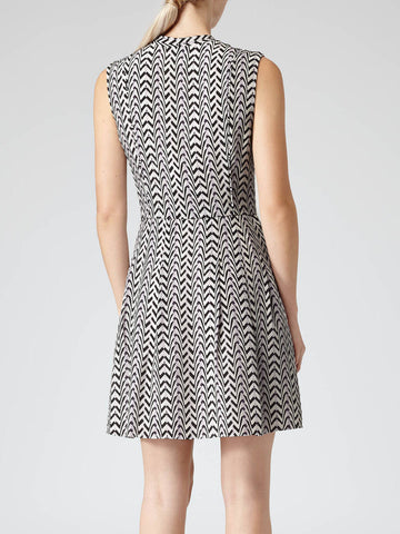 REISS TIA IVORY,BLACK  & PURPLE CHEVRON PRINT SLEEVELESS SILK FIT & FLARE DRESS SIZE 8