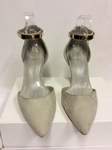 BRAND NEW REISS LIGHT GREY SUEDE & GOLD METAL TRIM ANKLE STRAP HEELS SIZE 5/38