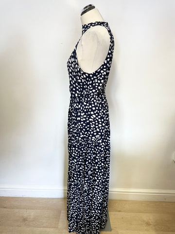 SHEIN NAVY & WHITE PRINT SLEEVELESS ELASTICATED TIE BELT WAIST MAXI DRESS SIZE L