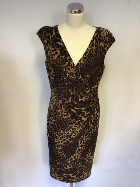 RALPH LAUREN BROWN LEOPARD PRINT STRETCH DRAPED WRAP DRESS SIZE 16