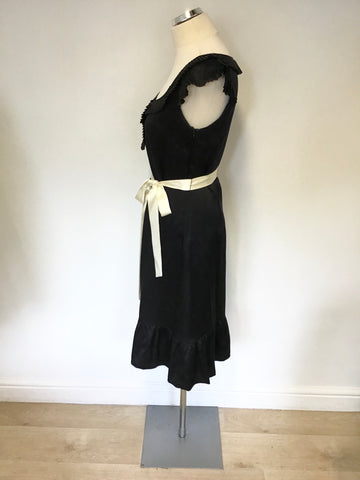 MONSOON BLACK SILK SCOOP NECKLINE WITH PLEATED TRIMS & IVORY TIE BELT DRESS SIZE 10