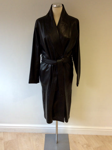 JASPER CONRAN BLACK LEATHER BELTED LONG COAT SIZE 12 FIT SIZE 14/16