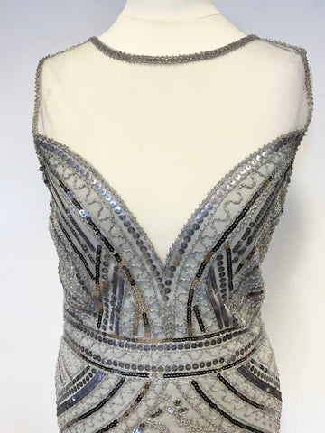 IZABEL LONDON PALE GREY & SILVER BEADED & SEQUINNED NET TRIM LONG EVENING DRESS SIZE 8