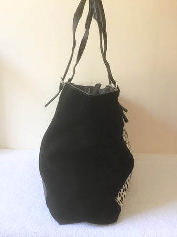 KAREN MILLEN BLACK & WHITE ANIMAL PRINT PONY SKIN,LEATHER & SUEDE TOTE/ SHOULDER BAG
