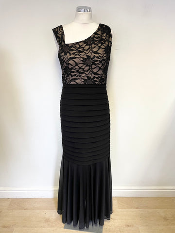 R&M RICHARDS BLACK LACE TOP SLEEVELESS LONG EVENING DRESS SIZE 6 UK 10