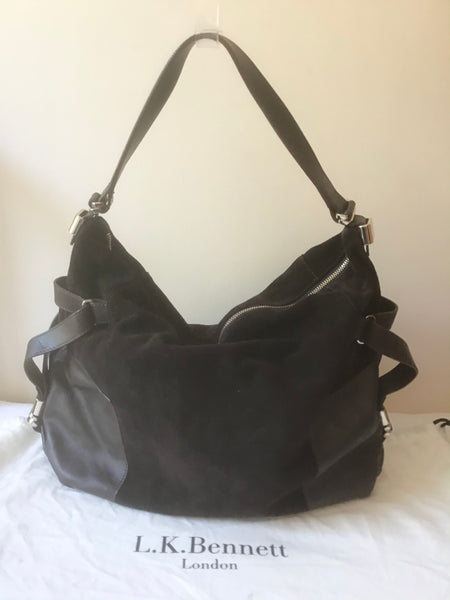 LK BENNETT DARK BROWN SUEDE & LEATHER LARGE SHOULDER BAG