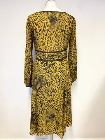 JENNY DYER LONDON 100% SILK MUSTARD & GREEN PRINT FIT & FLARE DRESS SIZE 10