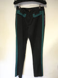 MULBERRY BLACK & GREEN TRIM FINE PINSTRIPE STRAIGHT LEG TROUSERS SIZE 10