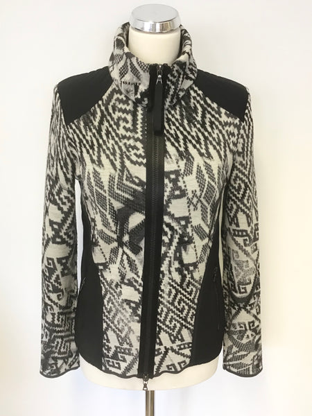 MARCCAIN SPORTS BLACK & GREY AZTEC PRINT WOOL & ALPACA BLEND ZIP UP JACKET/TOP ZIZE N4 UK 14