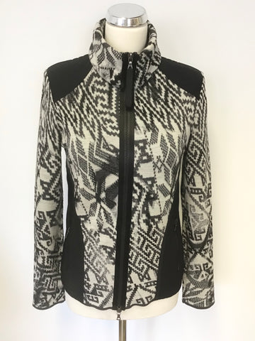 MARCCAIN SPORTS BLACK & GREY AZTEC PRINT WOOL & ALPACA BLEND ZIP UP JACKET/TOP ZIZE N4 UK 14