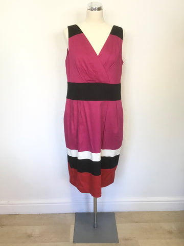 HOBBS INVITATION PINK,BLACK,WHITE & RED SLEEVELESS COTTON DRESS SIZE 16