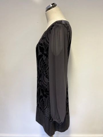 PHASE EIGHT DARK GREY VELVET PRINT WITH SEQUINS LONG SLEEVE SHIFT DRESS SIZE 12
